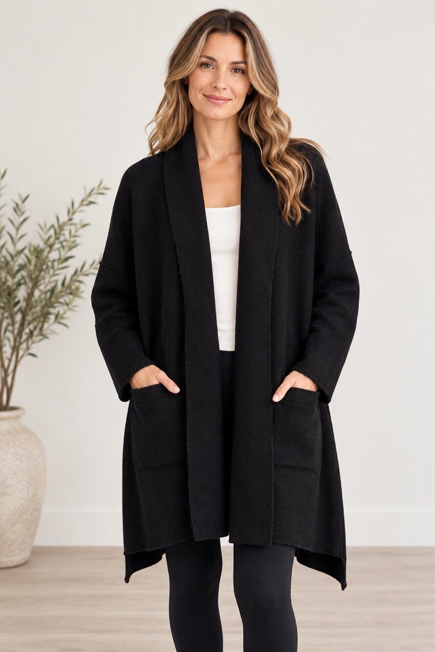 EILEEN FISHER 100% Wool Black Open Front Cardigan Shawl Collar Asymmetrical M